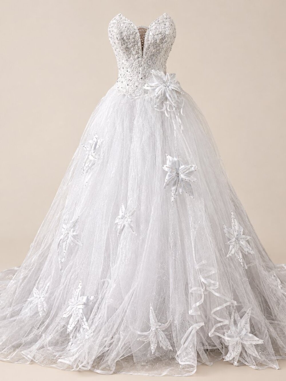 Luxurious Bridal Gown Couture Embroidered Crystals Flowers Runway Wedding Dress